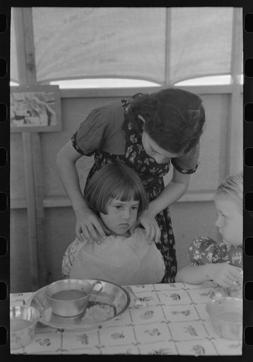 Untitled photo, possibly related to: Lunch at FSA (Farm Security Administration)'s migratory labor camp, Odell, Oregon
