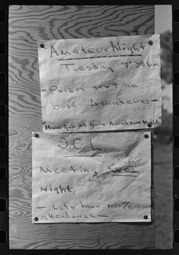 Sign, FSA (Farm Security Administration)'s mobile camp for migratory farm workers, Odell, Oregon