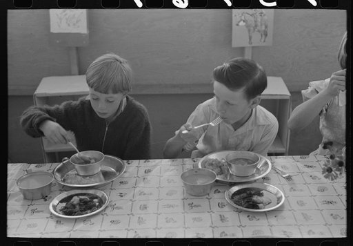 Lunch for children at the FSA (Farm Security Administration)'s mobile camp for migratory farm workers, Odell, Oregon