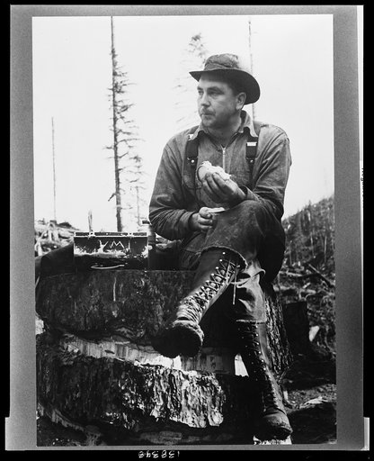 Lumberjack eats lunch, Long Bell Lumber Company, Cowlitz County, Washington