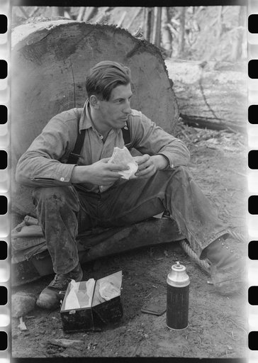 Lumberjack eats lunch, Long Bell Lumber Company, Cowlitz County, Washington