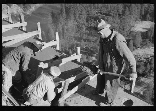 Putting concrete on Pit River Bridge which is above Shasta Dam, Shasta County, California