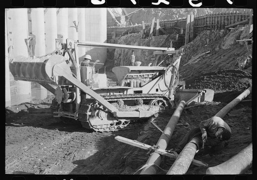 Bulldozer at work at Shasta Dam, Shasta County, California