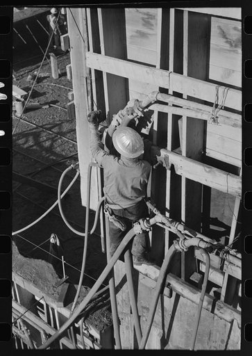 Workman working on forms for concrete at Shasta Dam, Shasta County, California