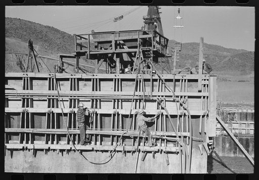Untitled photo, possibly related to: Operating viberators which spread concrete, Shasta Dam, Shasta County, California