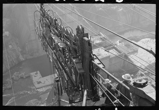 Looking from main tower from which aerial tram and supply buckets are operated, Shasta Dam, Shasta County, California