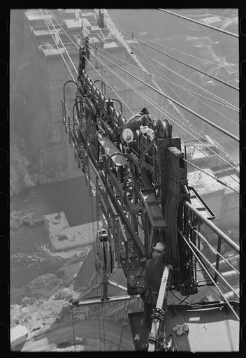 Looking from main tower from which serial tram and supply buckets are operated, Shasta Dam, Shasta County, California