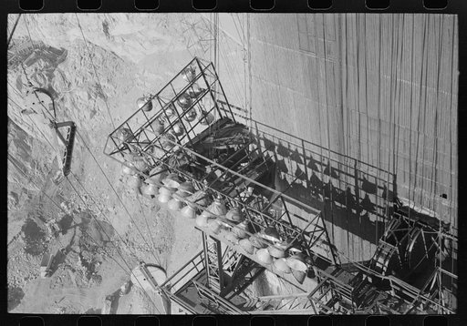 Looking down on battery of lights used for night work at Shasta Dam, Shasta County, California