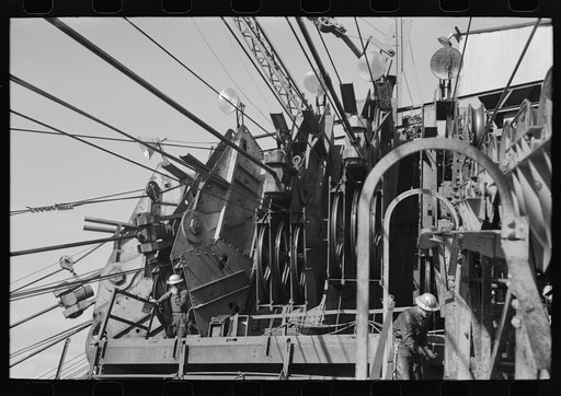 Untitled photo, possibly related to: Wheelhouse from which aerial tram which delivers materials to construction points is operated, Shasta Dam, Shasta County, California