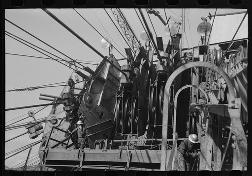 Wheelhouse from which aerial tram which delivers materials to construction points is operated, Shasta Dam, Shasta County, California