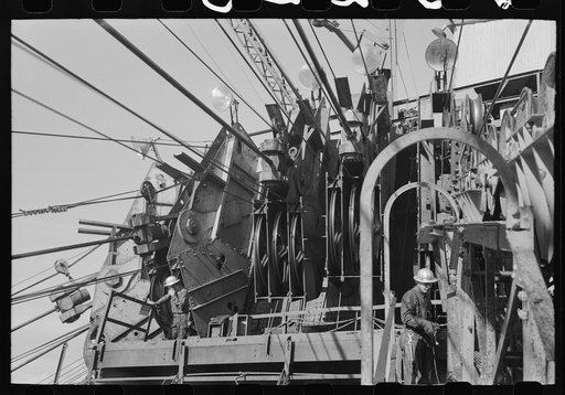 Wheelhouse from which aerial tram which delivers materials to construction points is operated, Shasta Dam, Shasta County, California