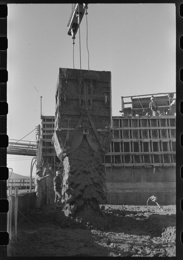 Untitled photo, possibly related to: Dumping concrete in construction of Shasta Dam, Shasta County, California