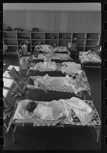 Untitled photo, possibly related to: Nap time in the nursery school at the FSA (Farm Security Administration) farm workers community, Woodville, California