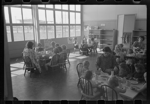 Lunch in the nursery school at the FSA (Farm Security Administration) farmworkers community, Woodville, California