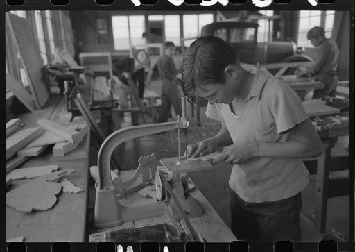In the woodwork vocational training class, at the FSA (Farm Security Administration) farmworkers community, Eleven Mile Corner, Arizona