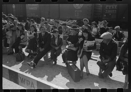 Santa Anita reception center, Los Angeles, California. The evacuation of Japanese and Japanese-Americans from West Coast areas under U.S. Army war emergency order. Japanese-Americans waiting to be registered