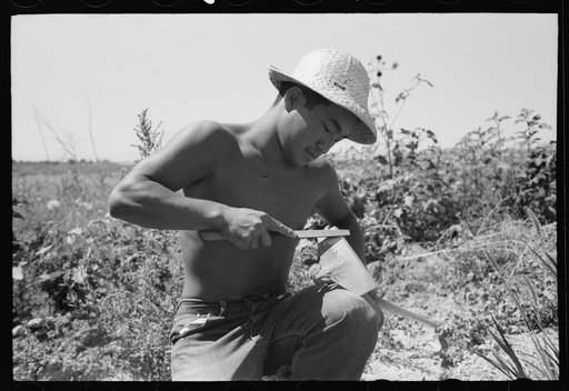 Untitled photo, possibly related to: Nyssa, Oregon. FSA (Farm Security Administration) mobile camp. A Japanese-American farm worker sharpening a hoe