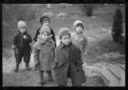 Untitled photo, possibly related to: Children leaving nursery school, 2:30 p.m., Westmoreland Homesteads, Pennsylvania