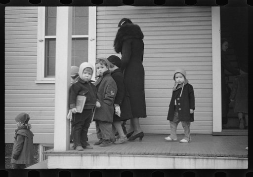 Untitled photo, possibly related to: Children leaving nursery school, 2:30 p.m., Westmoreland Homesteads, Pennsylvania