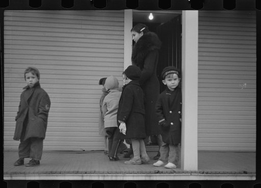 Untitled photo, possibly related to: Children leaving nursery school, 2:30 p.m., Westmoreland Homesteads, Pennsylvania