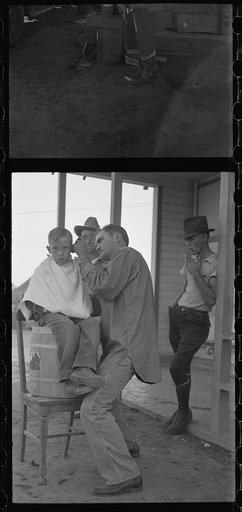 Untitled photo, possibly related to: Community barber shop in Kern County migrant camp, California
