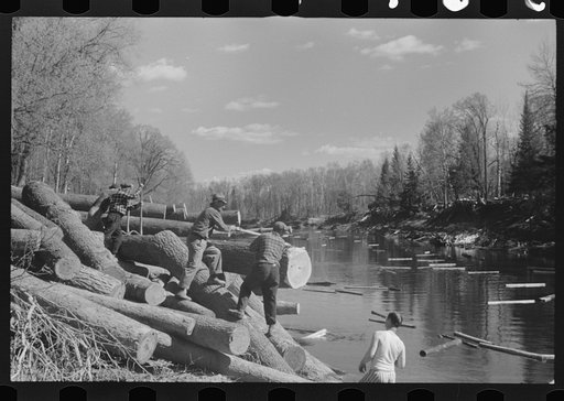 Untitled photo, possibly related to: Rolling logs into river near Littlefork, Minnesota