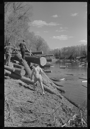 Untitled photo, possibly related to: Rolling logs into river near Littlefork, Minnesota