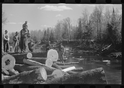 Rolling logs into river, near Littlefork, Minnesota