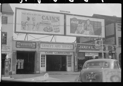 Garage and signs on street, Portsmouth, New Hampshire