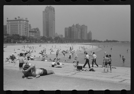 Public bathing beach. Chicago, Illinois. "Gold Coast" in background