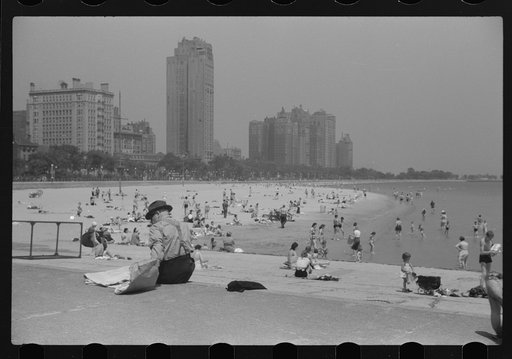 Untitled photo, possibly related to: Public bathing beach. Chicago, Illinois. "Gold Coast" in background