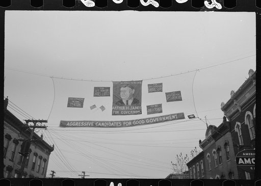 Shenandoah(?), Pennsylvania. A political banner stretched from the tops of buildings across one of the two main streets, concerning the election of a congressan and a governor