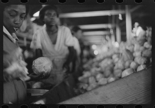 Untitled photo, possibly related to: Migratory agricultural workers grading cabbages at the Webster Canning Company, Cheriton, Virginia
