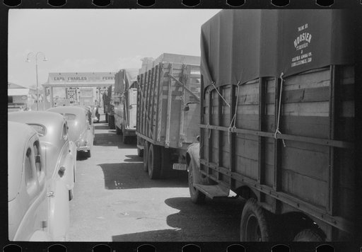 Untitled photo, possibly related to: Trucks and cars waiting at Little Creek, Virginia for the Cape Charles ferry