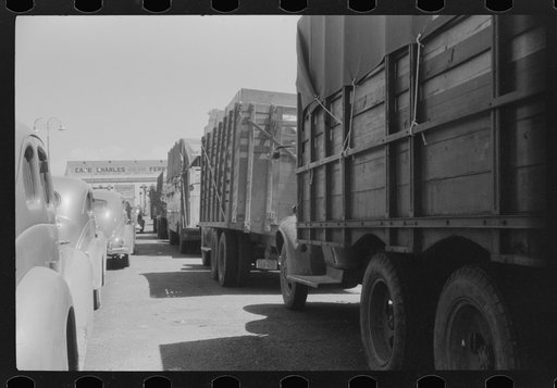 Untitled photo, possibly related to: Trucks and cars waiting at Little Creek, Virginia for the Cape Charles ferry
