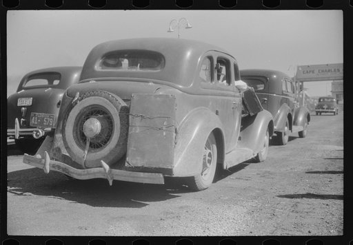 Untitled photo, possibly related to: Trucks and cars waiting at Little Creek, Virginia for the Cape Charles ferry