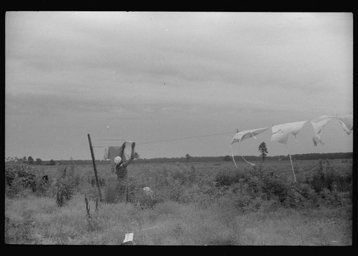 Migrant hanging out the wash. Near Belcross, North Carolina