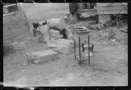 Household belongings of a crew of thirty-five migrants preparing to leave Belcross, North Carolina for another job at Onley, Virginia