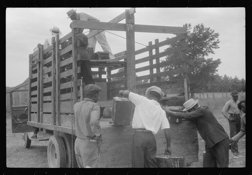Migrants getting luggage aboard the truck which will take them from Belcross, North Carolina to another job at Onley, Virginia