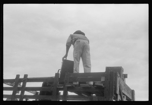 Migrants getting luggage aboard the truck which will take them from Belcross, North Carolina to another job at Onley, Virginia