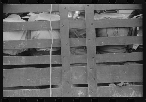 Truckload of migratory agricultural workers leaving Belcross, North Carolina for another job at Onley, Virginia