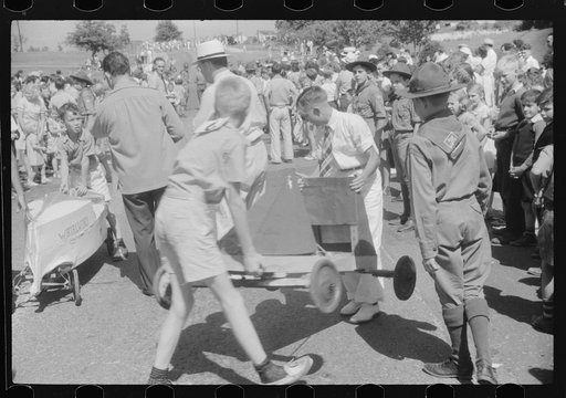Untitled photo, possibly related to: Entrants in soapbox auto race during July 4th celebration at Salisbury, Maryland