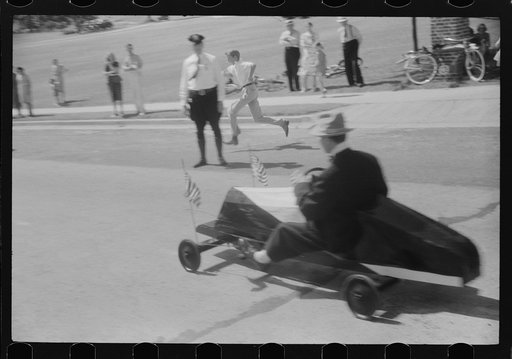 Untitled photo, possibly related to: Entrants in soapbox auto race during July 4th celebration at Salisbury, Maryland