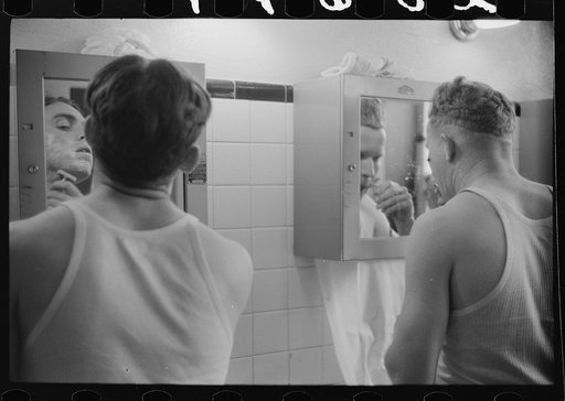 Untitled photo, possibly related to: Truck drivers shaving at truck service station on U.S. 1 (New York Avenue), Washington, D.C.