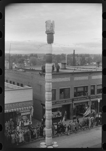 The "potato pole" is erected in the center of Presque Isle, Maine, for the festivities on day of barrel rolling contest