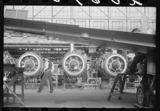 At one of the final assembly stages in the Vought-Sikorsky Aircraft Corporation, Stratford, Connecticut