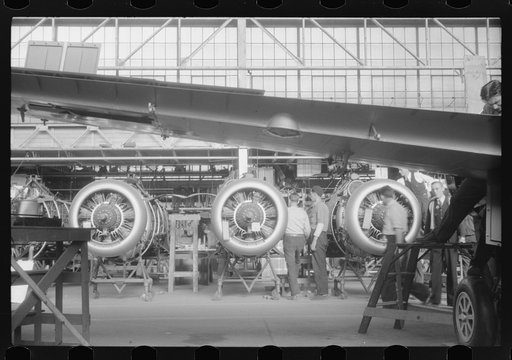 At one of the final assembly stages in the Vought-Sikorsky Aircraft Corporation, Stratford, Connecticut