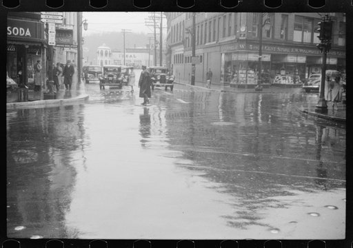 Main street intersection in Norwich, Connecticut on a rainy day