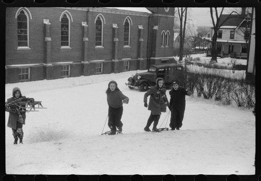 Untitled photo, possibly related to: Children sledding in Jewett City, Connecticut