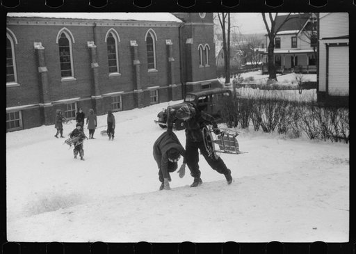 Untitled photo, possibly related to: Children sledding in Jewett City, Connecticut